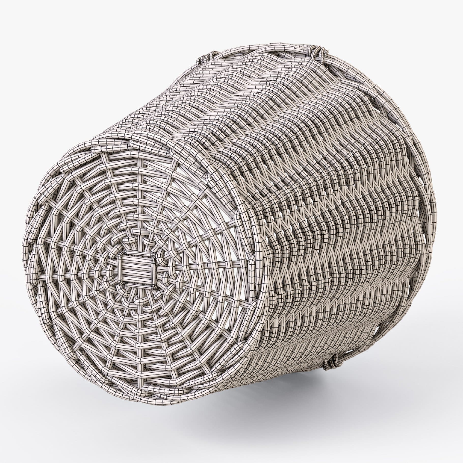 A 3D model of a basket lying on its side is drawn on a white background.
