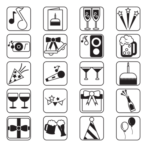 Images preview 20 celebration icons black white.