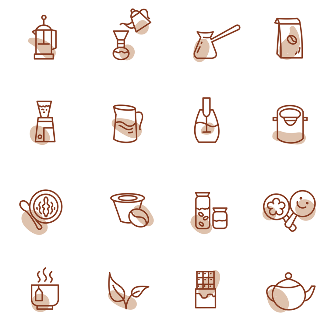 Images preview 20 coffee and tea line art illustrations.
