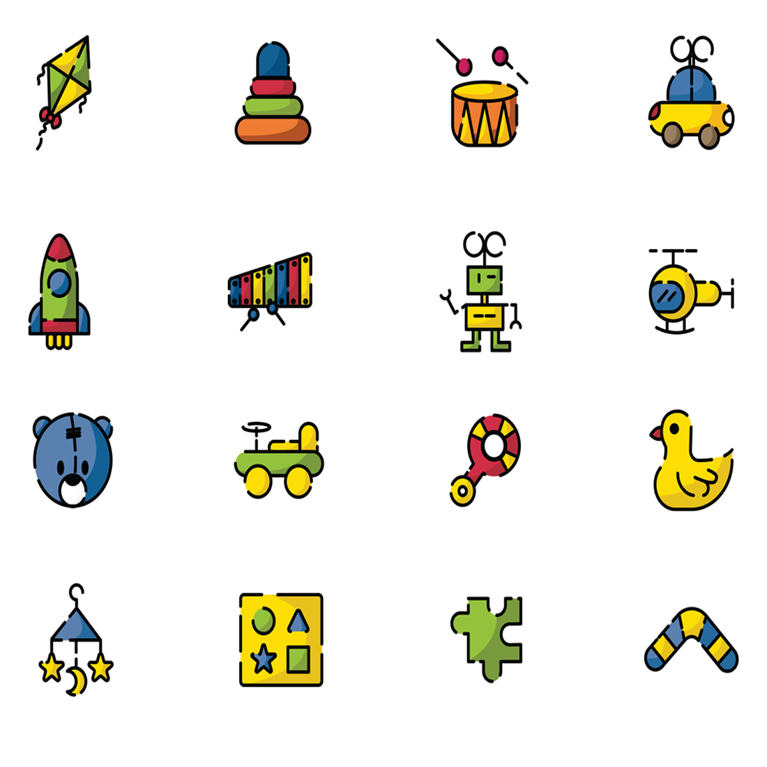 Images preview 20 colored toys icons set.