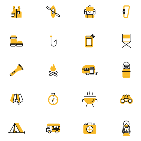 Images preview 20 yellow camping icons line.