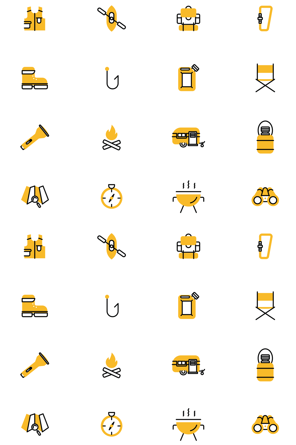 Illustrations 20 yellow camping icons line pinterest.