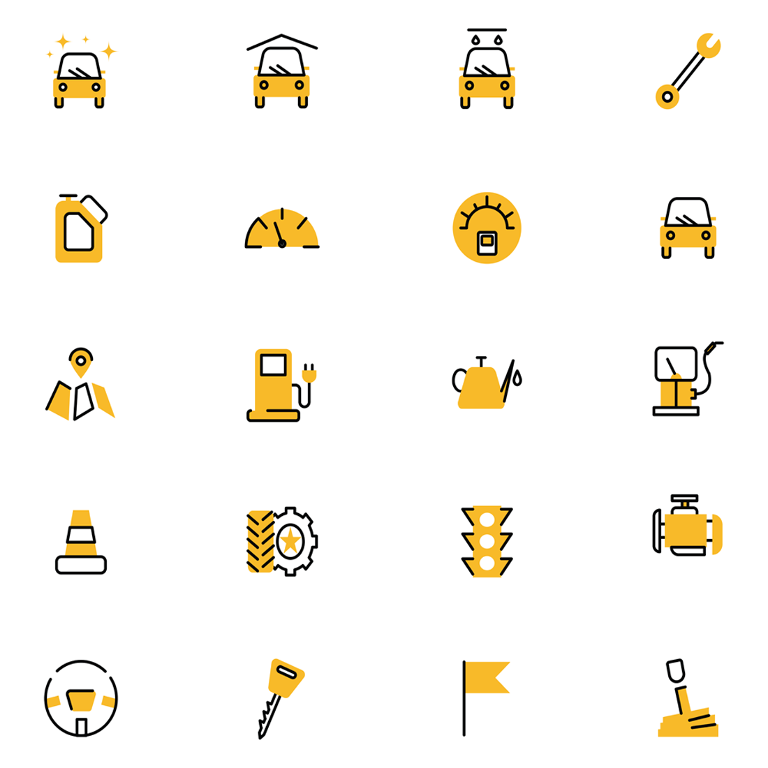 Images preview 20 yellow car icons.
