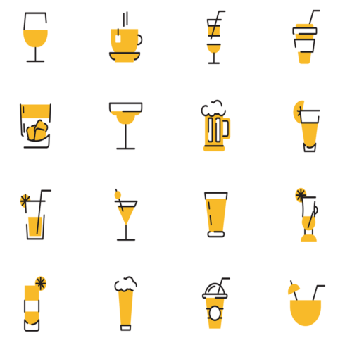 Images preview 20 yellow line art drink icons.