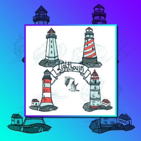 Drawings of lighthouses located on a stone.