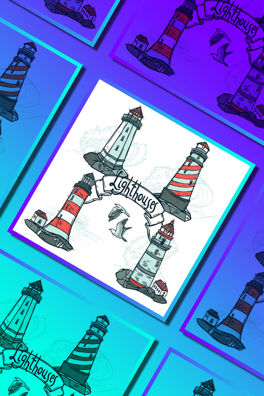 Drawings of lighthouses near which seagulls fly.