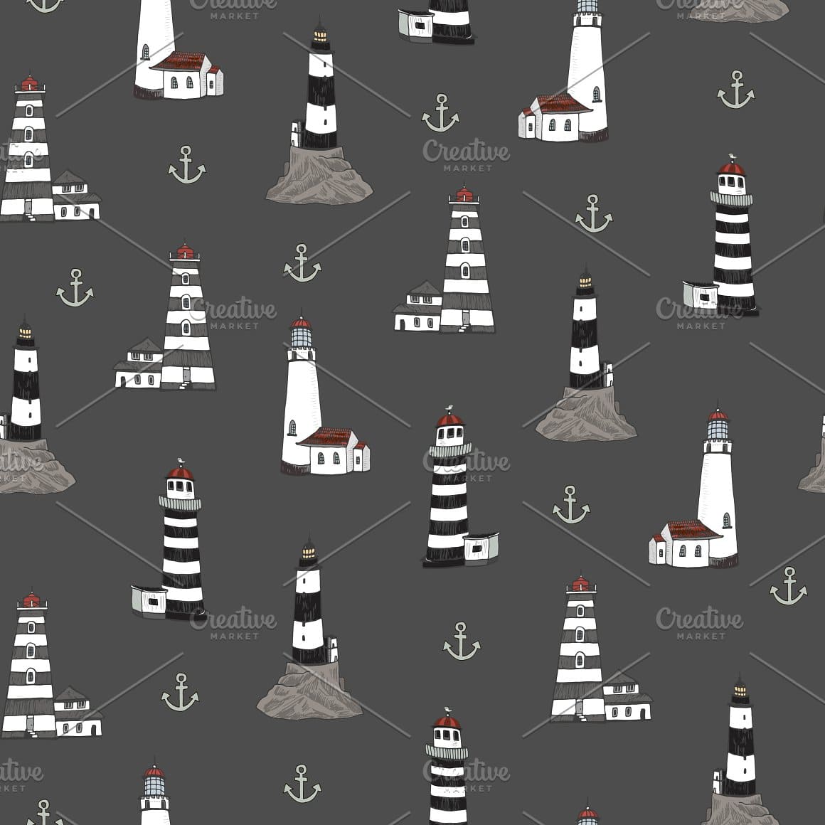 Lighthouses and gray anchors are depicted on a dark gray background.