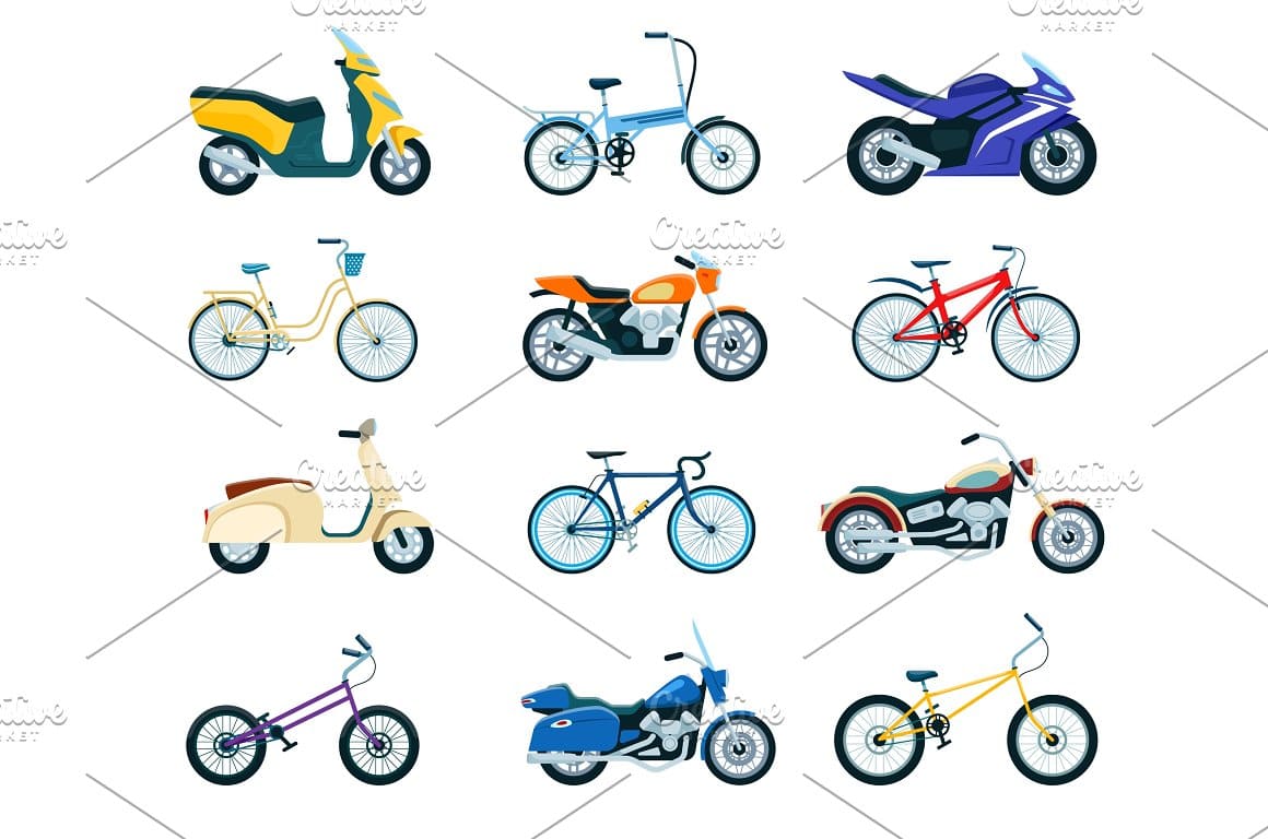 Motorcycles and Bikes, Bicycle on the white background.