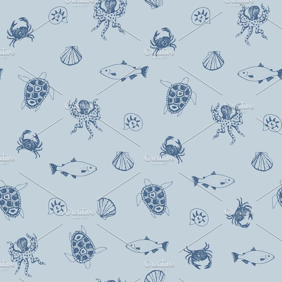 Blue sea animals are drawn on a blue background.
