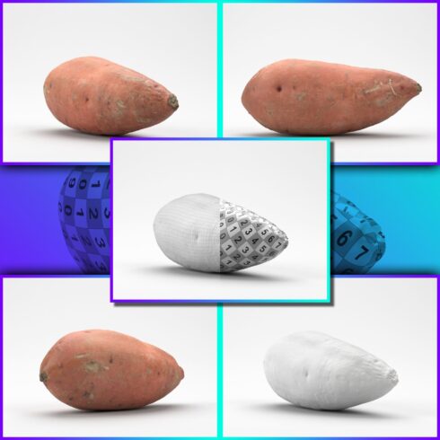 Realistic and drawn 3D models of potatoes.