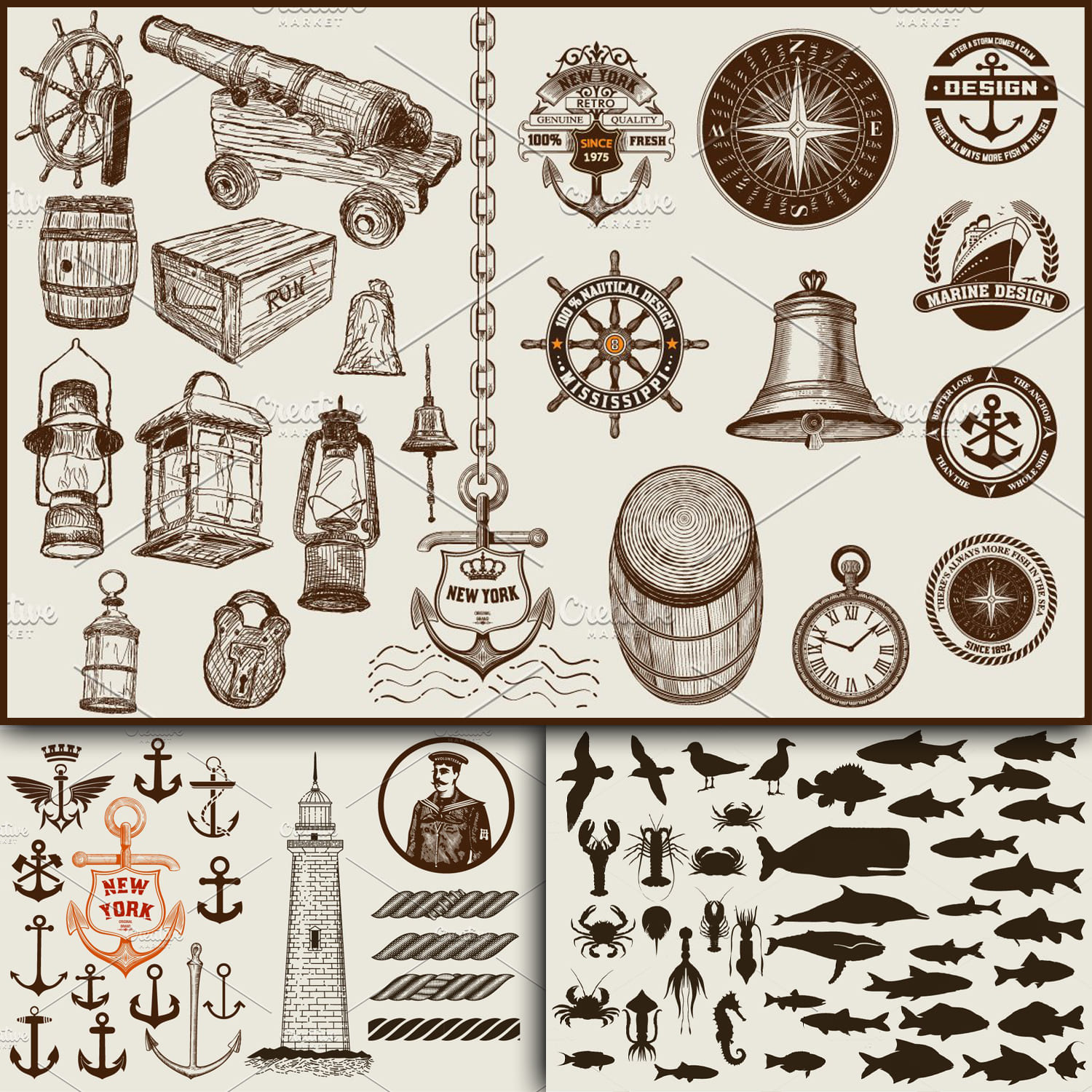 Elements of sea life: sea animals, lighthouses, anchors, lamps.