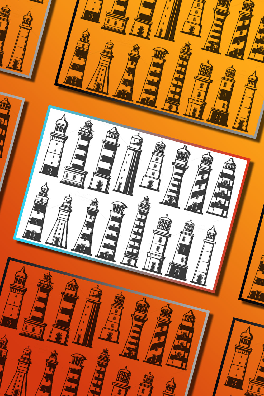 Nautical striped towers navigation for ships and vessels on the orange background.