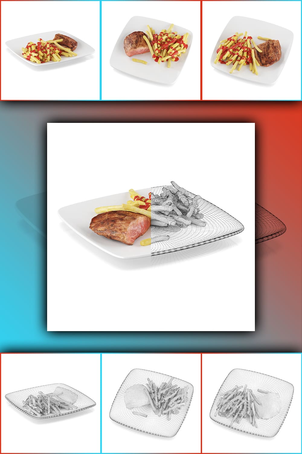 Gray and color 3D models of french fries and meat are shown in parallel.