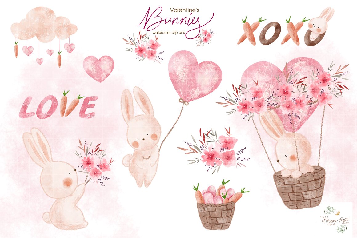 Flowers and a bunny and hearts.
