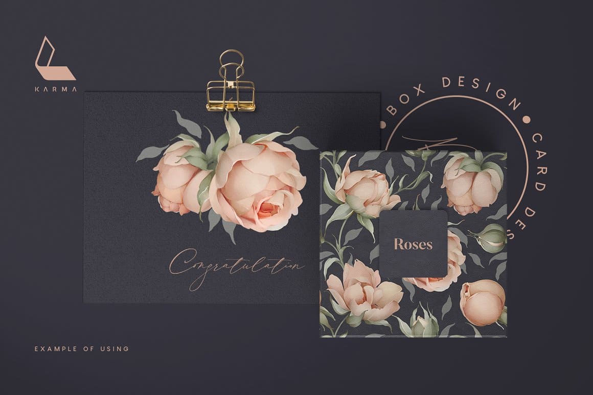 Black card with the image of beige roses with green leaves.