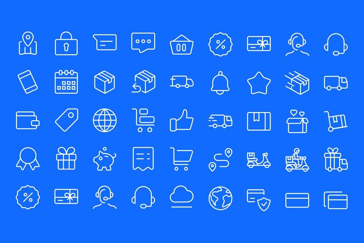 White e-commerce icons on the blue background.