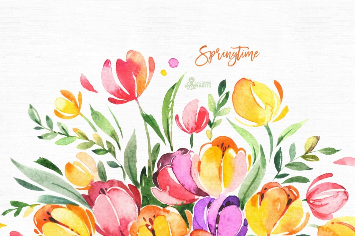Watercolor drawing of spring flowers.