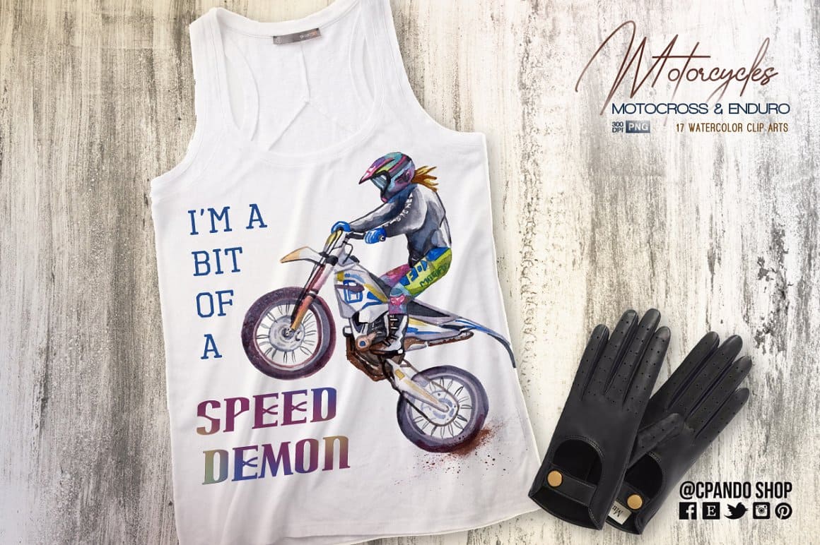 A colored motorcyclist performing a stunt on a motorcycle is drawn on the white T-shirt.