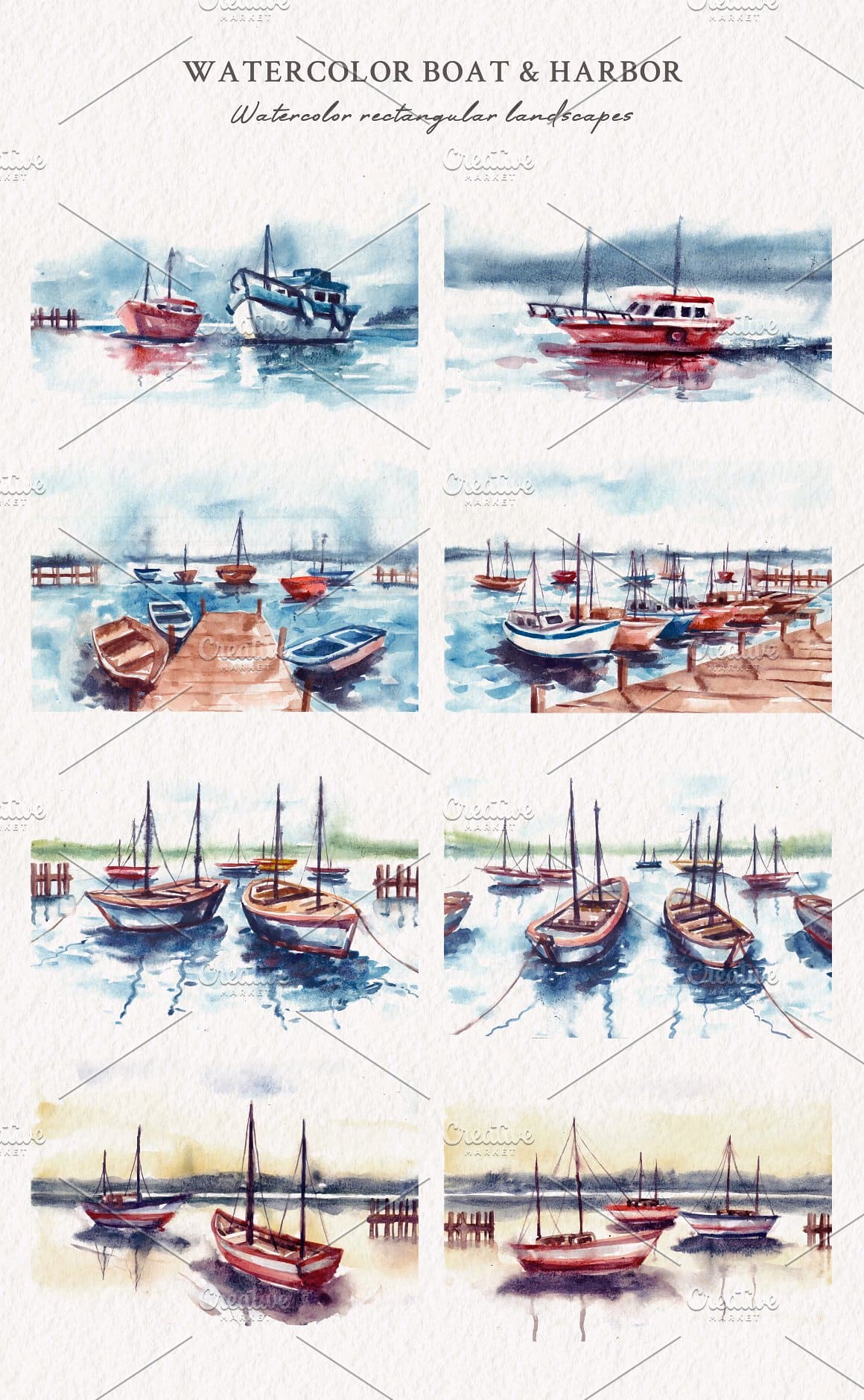 Examples of boats on the water drawn in watercolor.