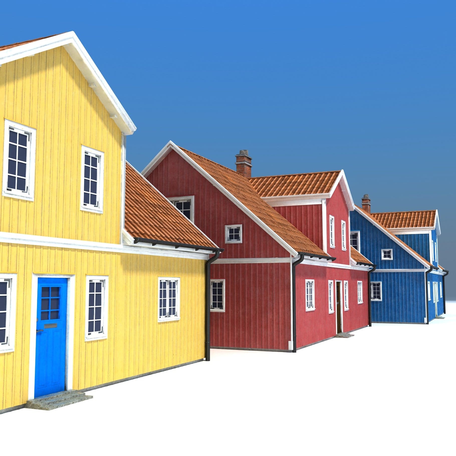 Three colored houses on the background of a winter landscape.