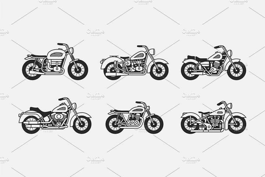 Black contours of vintage motorcycles on a white background.