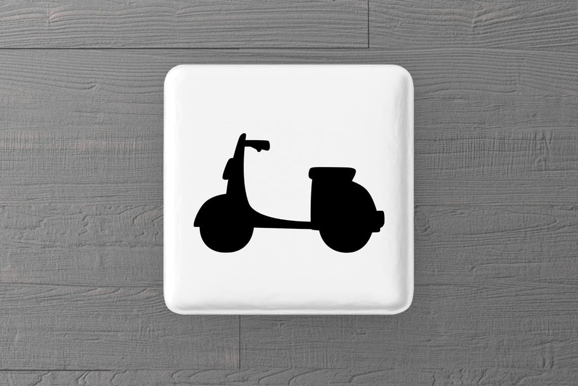 A two-wheeled scooter is drawn on a white button on a gray background