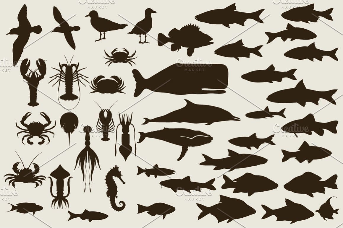 Sea fish, crayfish and birds in brown color on a white background.