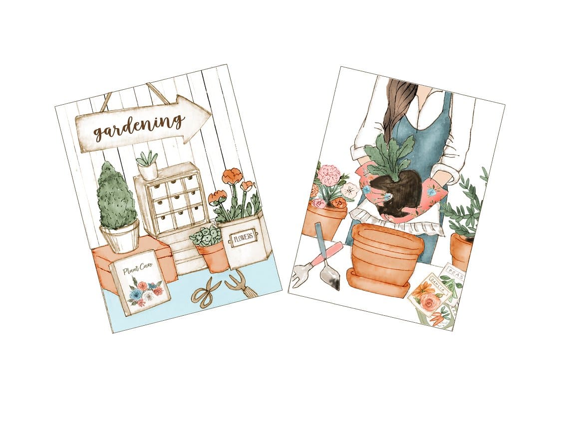 Two drawings depicting gardening.