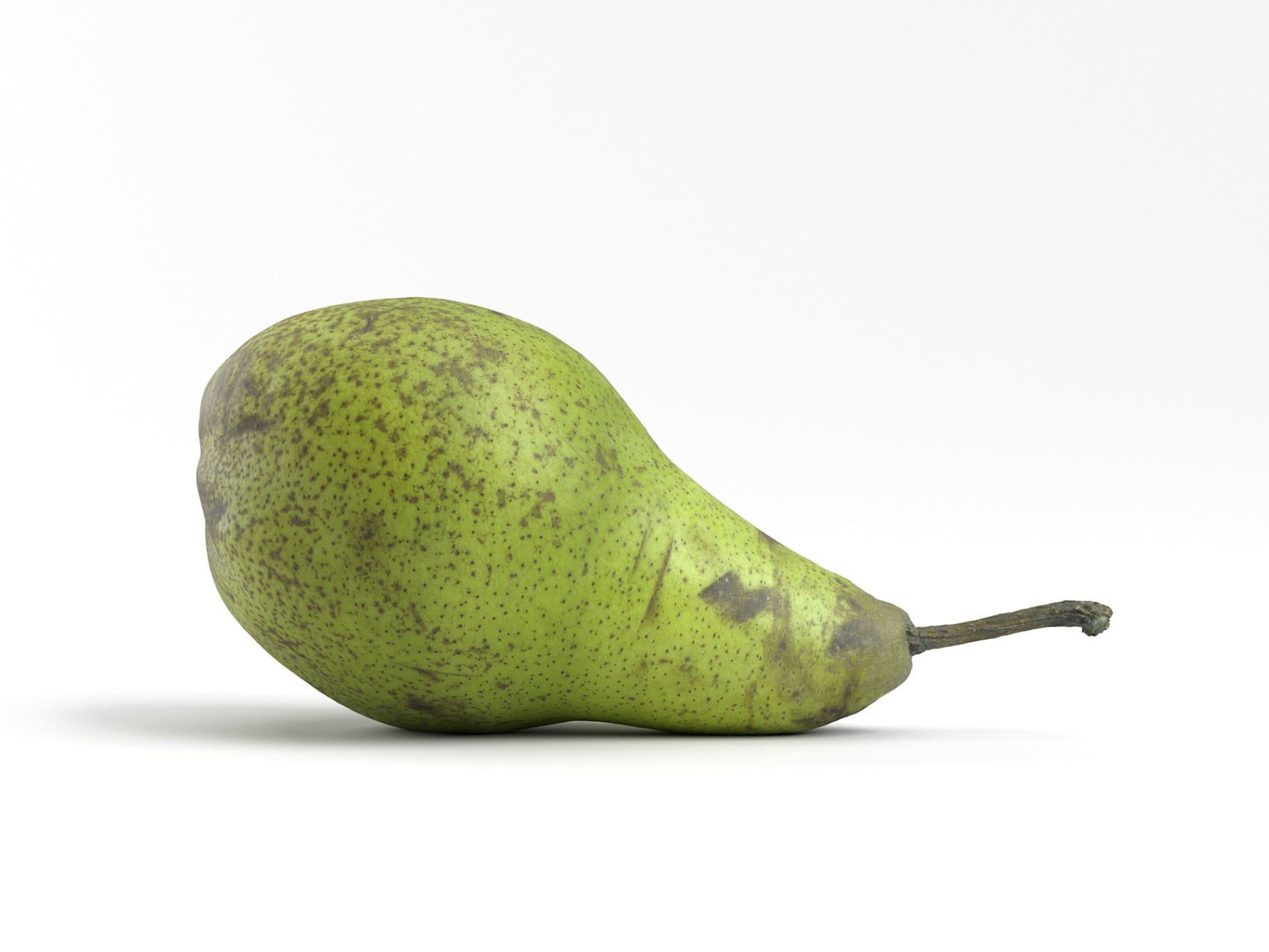 A green pear with a speck lies on a white background.