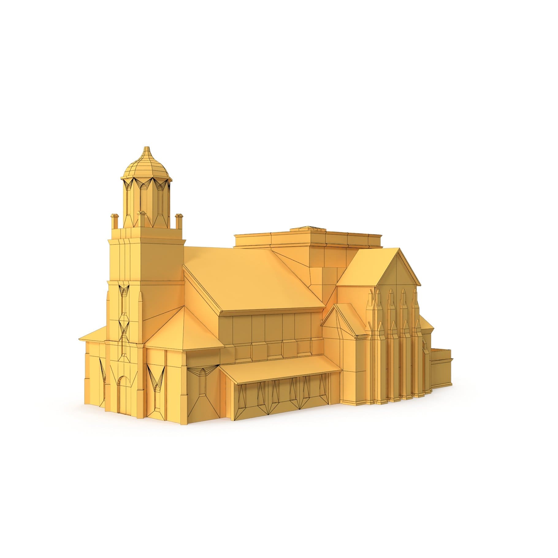 Yellow 3D model of the church cathedral.
