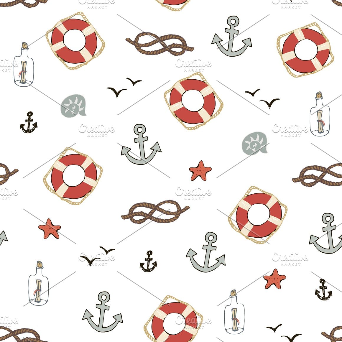 Seagulls, sea knots, starfish on a white background.