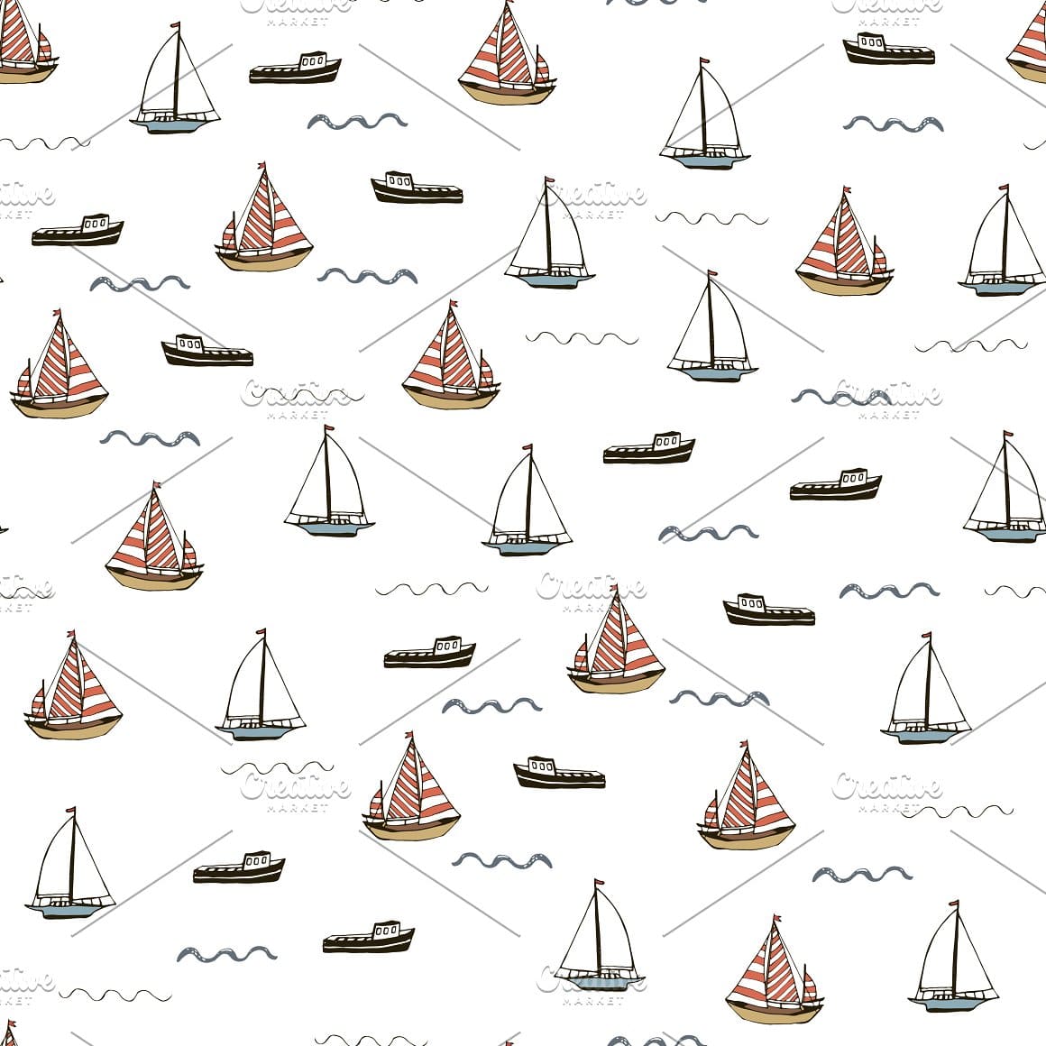 Yachts with white and striped sails, boats on a white background among the waves.