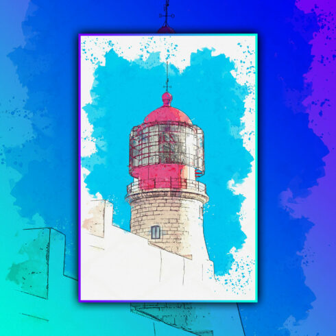 Watercolor drawing of a lighthouse with bricks and small windows.
