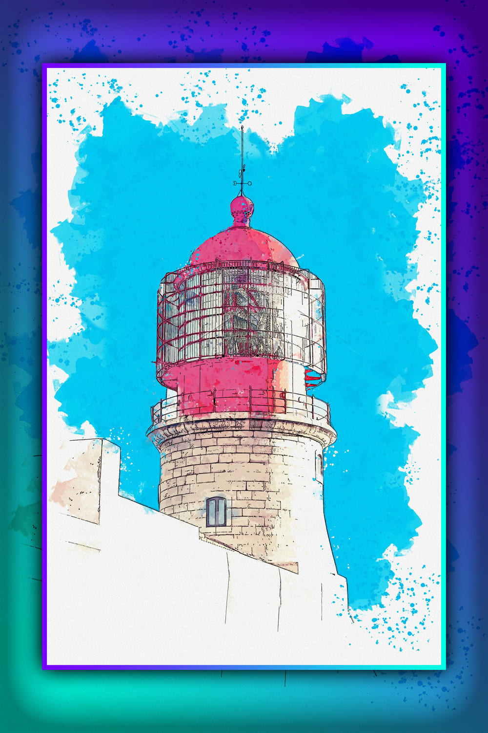 Watercolor drawing of a lighthouse with a metal spire on the roof.