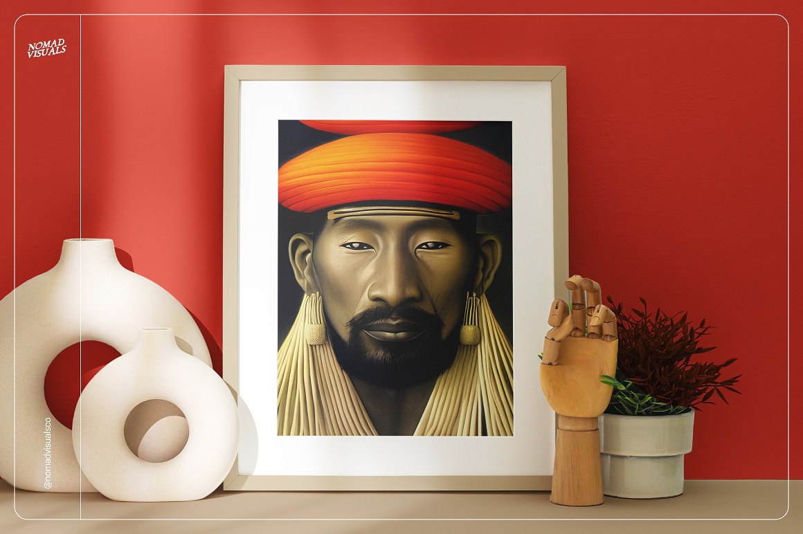 Representation of an Asian man with a painting.