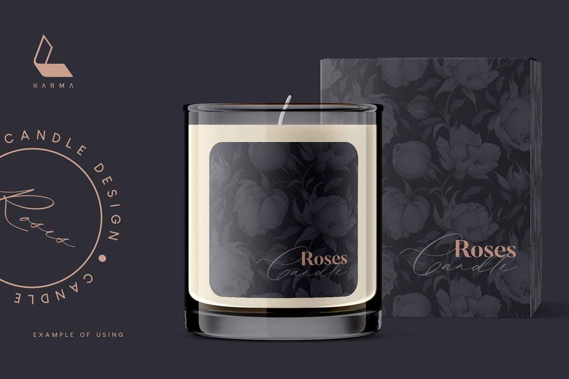 Gray roses on a black background label for a candle.