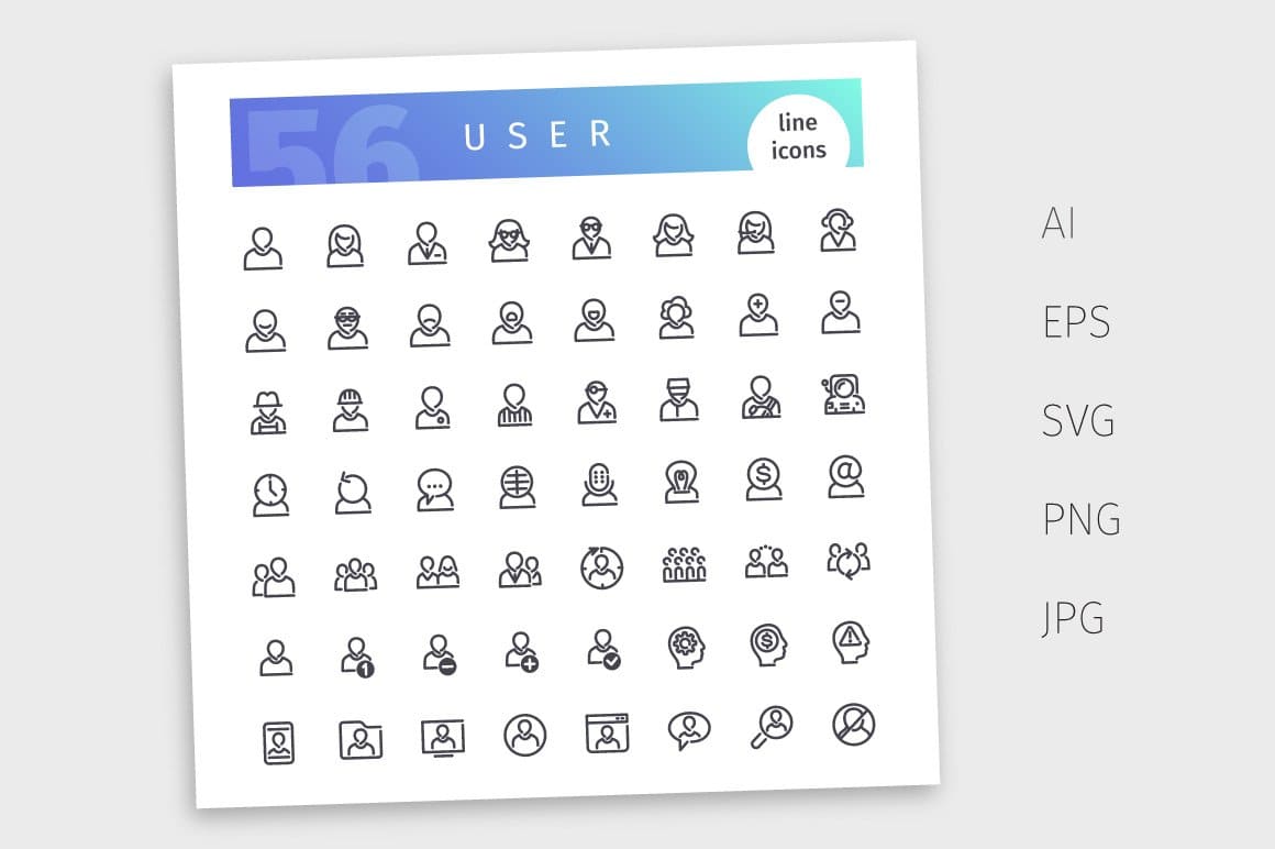 Set of 56 user line icons suitable for web, infographics and apps.