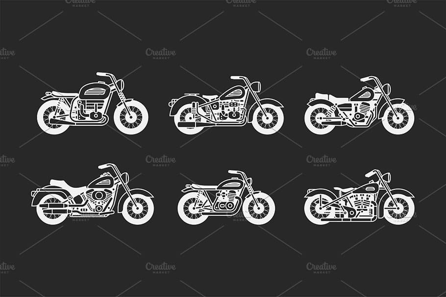 White outline of vintage motorcycles on a black background.