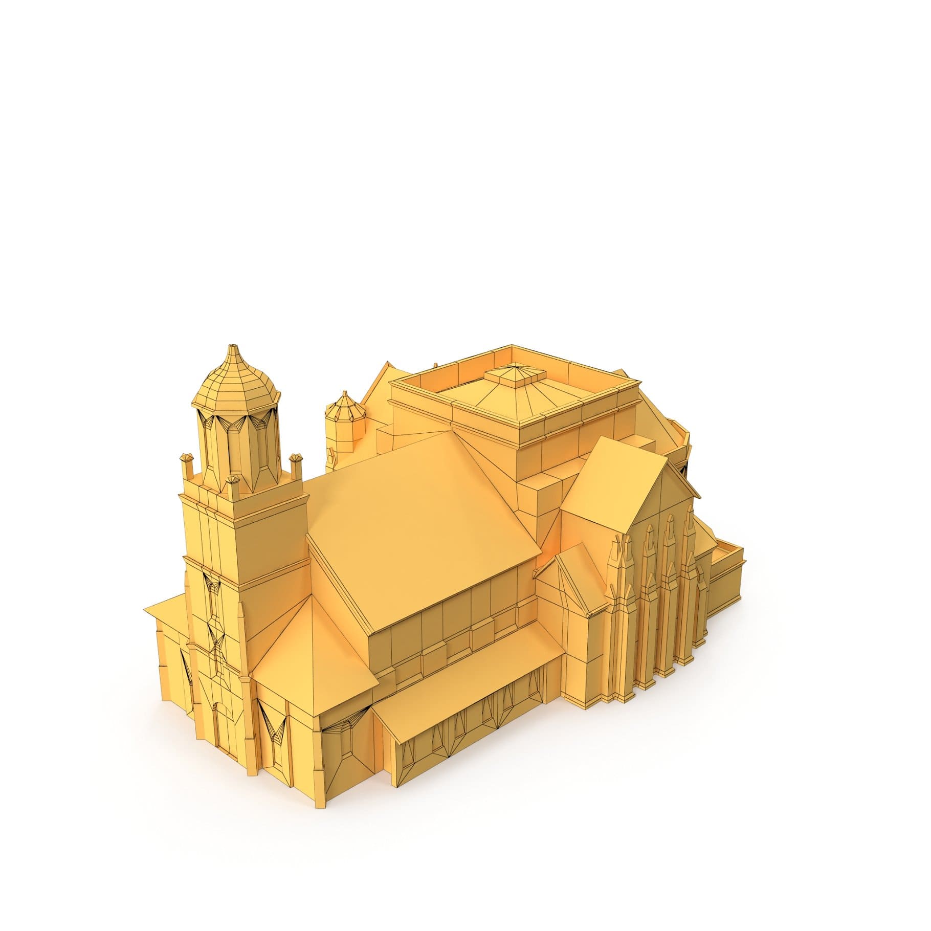 3D model of a church building with a tall tower.