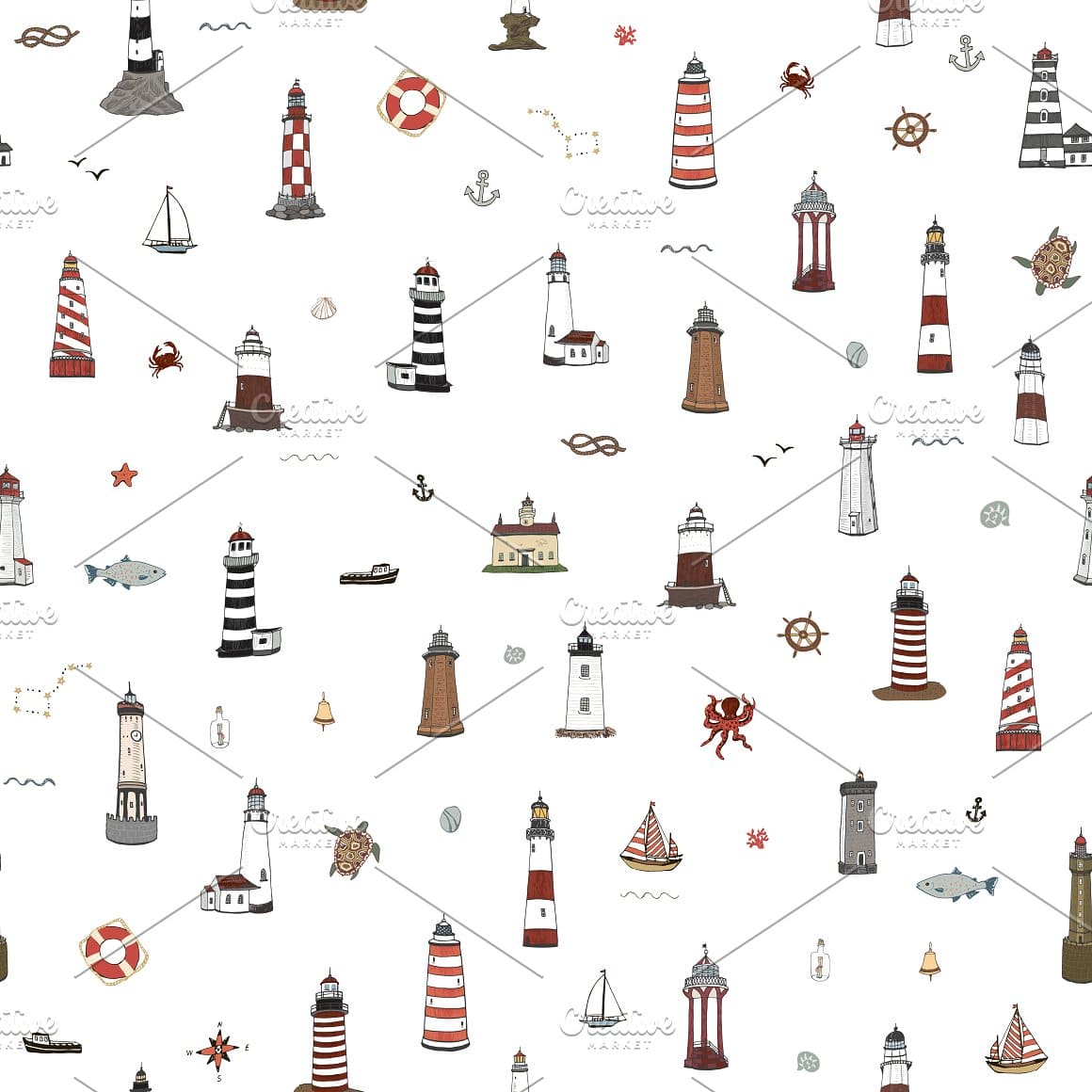Lighthouses are decorated with colored stripes, diagonal stripes, and a checkerboard pattern.