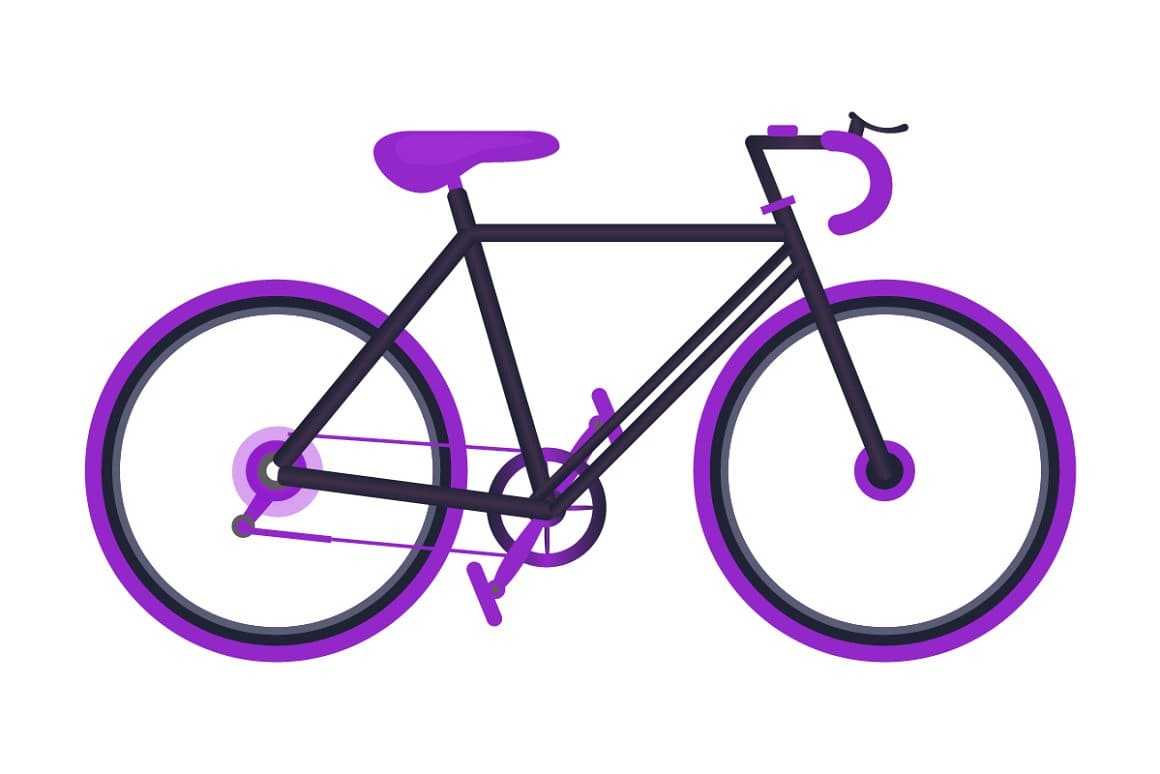 A purple bicycle with black details painted on a white background.