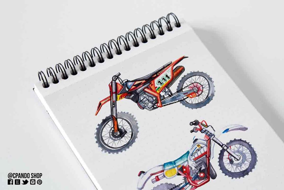 Very beautiful motorcycles are drawn on the notebook.
