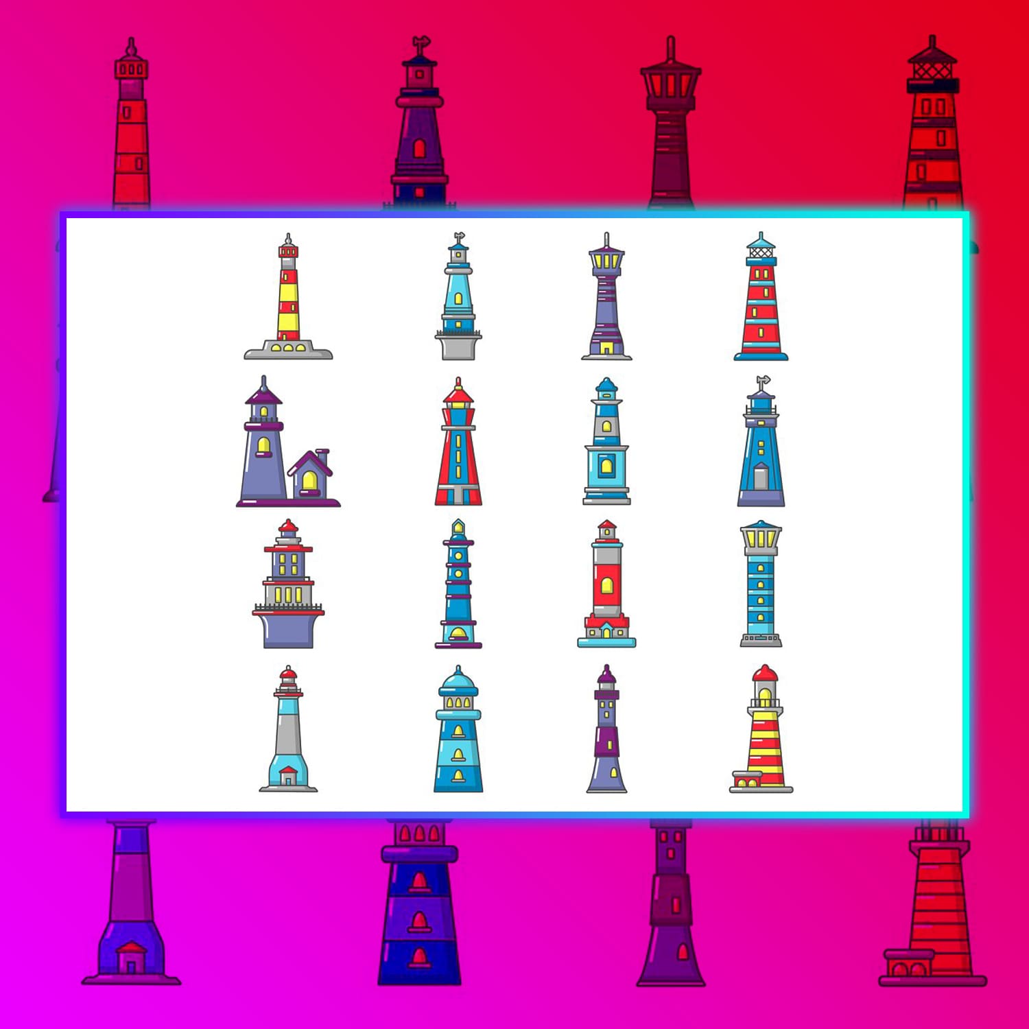 Some cartoon lighthouses are located next to the small house.