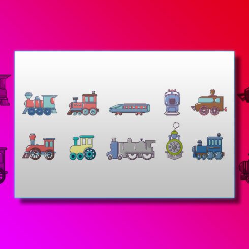 Train icon set, cartoon style, main picture.
