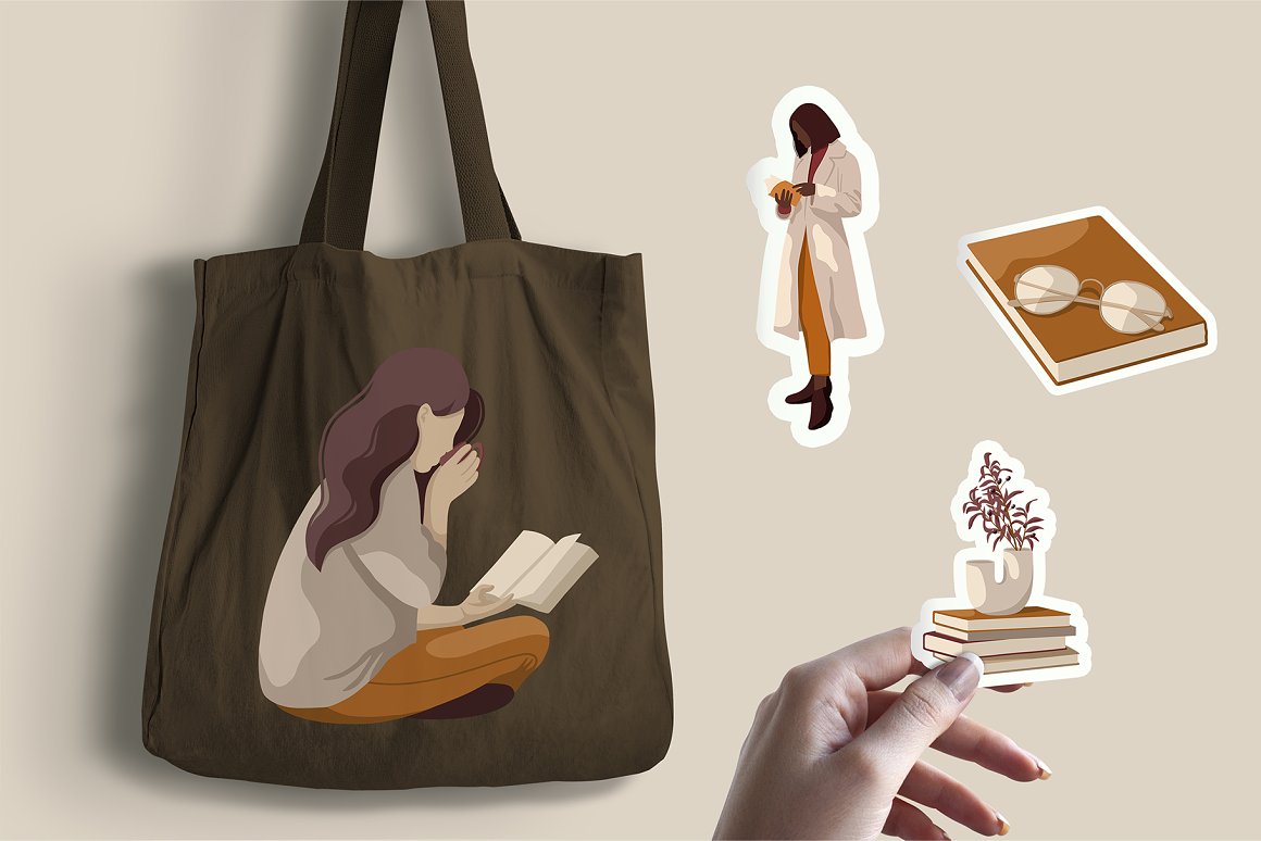 A bag with the image of a girl with a book.