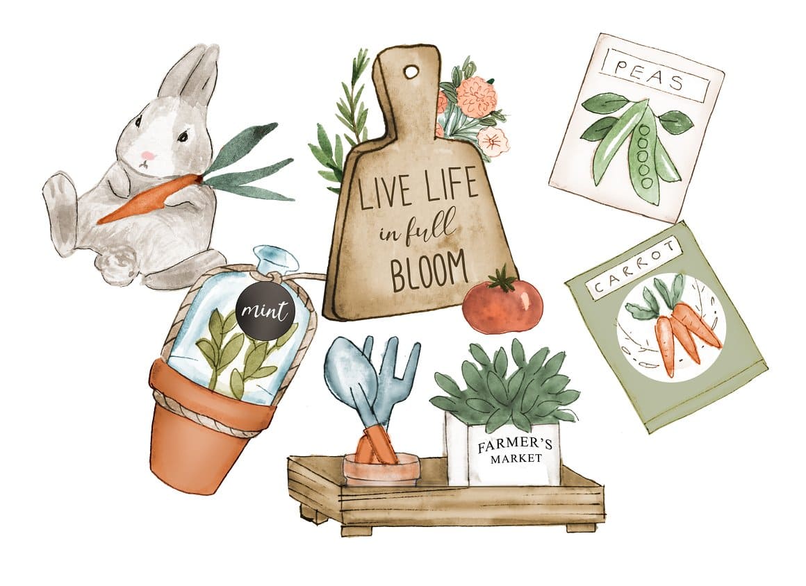 A rabbit and various objects depicting gardening are painted in watercolor.