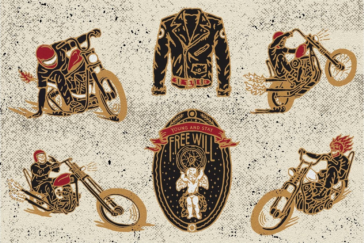 Images of black and gold motorcycles, biker leather jackets, and more.