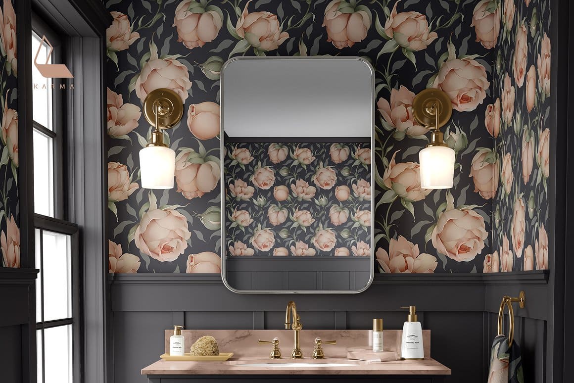 Black wallpaper with the image of beige big roses.