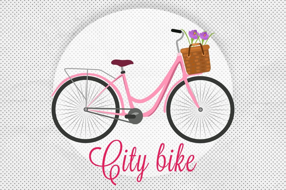 A pink bicycle with a basket of crocuses for urban use.