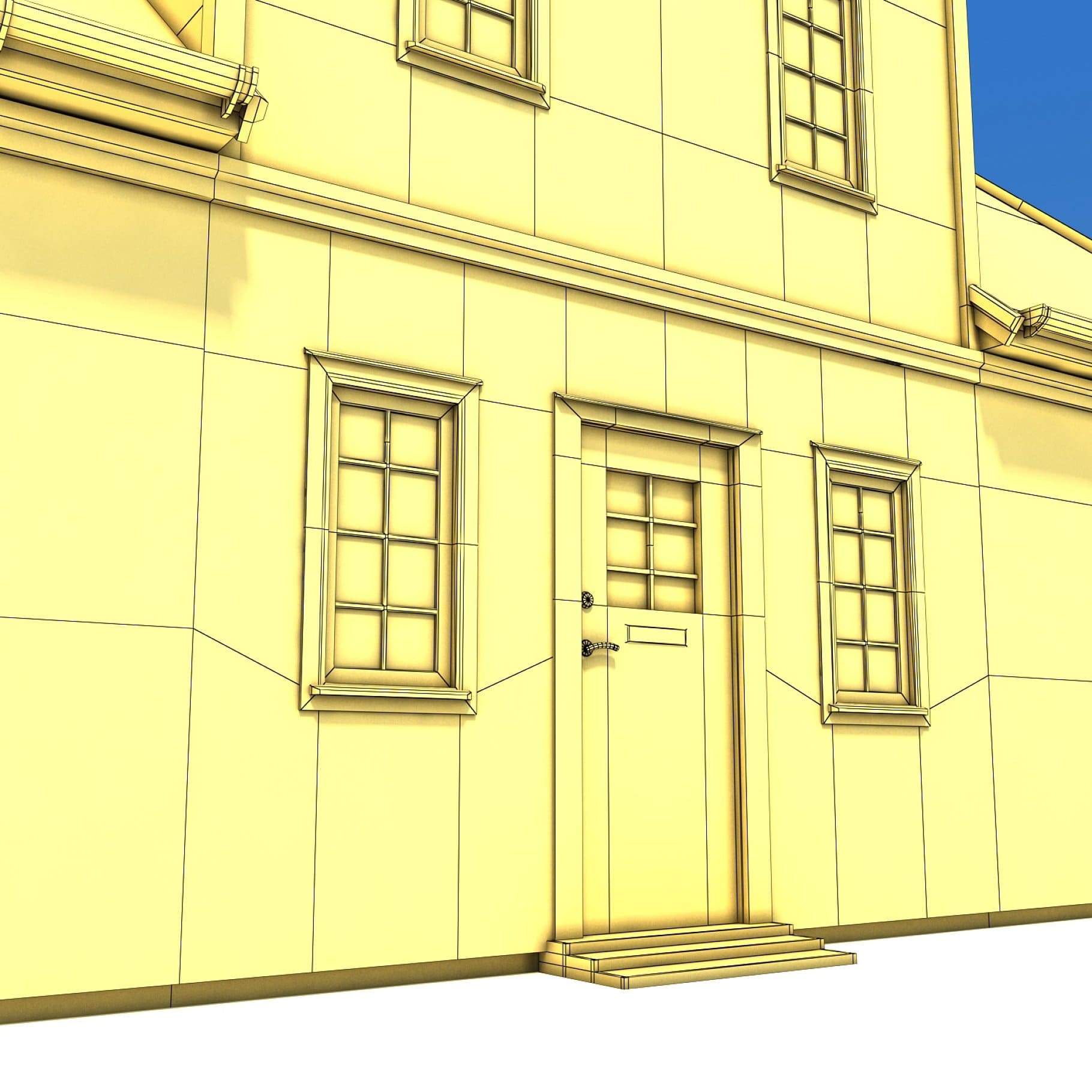 Yellow 3D model of a house with three steps in front of the entrance.